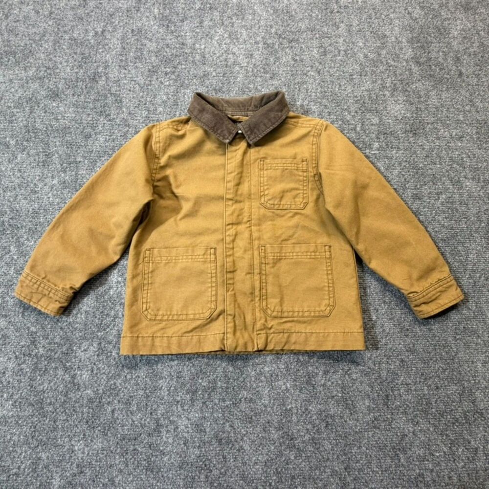 Old Navy Boys 5T Canvas Barn Jacket Brown Corduroy Collar Plaid Lined Chore Coat